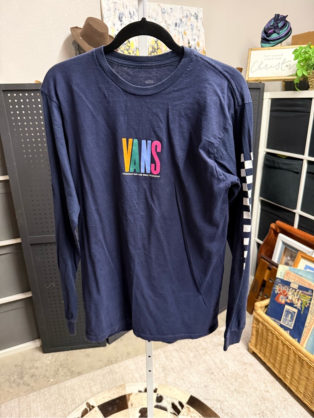 Vans Navy Long Sleeve Shirt with Multicolor Logo and Checker Sleeve